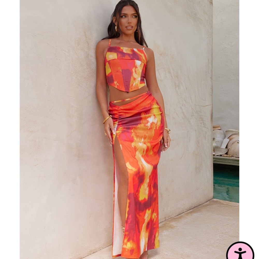 Orange printed corset top & maxi skirt